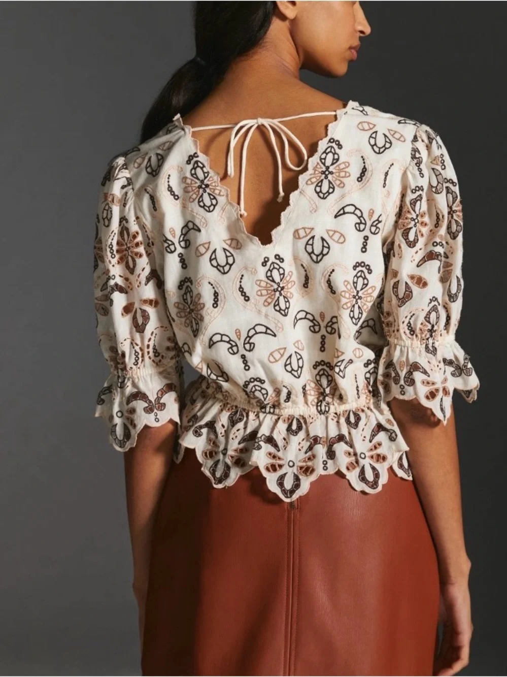 Anthropologie Embroidered Eyelet Peplum Top